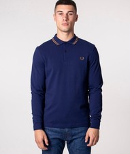 Fred Perry Twin Tipped Mens Cotton Long Sleeve Polo Shirt in Dark Blue Size L picture