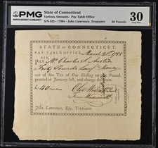 1783 Colonial Connecticut Pay Table Office 40 Pounds PMG 30 John Lawrence picture