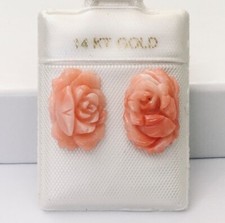 Beautiful 14K Gold  Natural Pink Coral Hand Carved Rose Flower Stud Earrings NEW picture