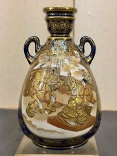 Japanese Meiji Satsuma Vase Cobalt Blue Gilt Samurai, Signed Kinkozan picture