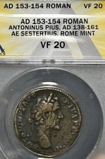 Antoninus Pius AE Sestertius AD 153-154 ANACS VF 20 Roma seated with Globe picture