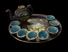 Vintage Miniature Chinese Enameled Cloisonne Tea Set with Crane & Spotted Deer picture