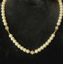 VTG Avon Signed Faux Pearl Gold Tone Rhinestone Necklace Pave Ball Beads 19
