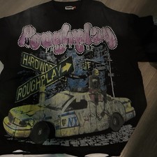 ROUGH PLAY Men’s Black Graphic Print T-Shirt Rhinestone Accents L Short Sleeve picture