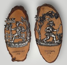 Vintage German Metal Wood Wall Plaques Oberndorf Hettingen 1978 Set of 2 picture
