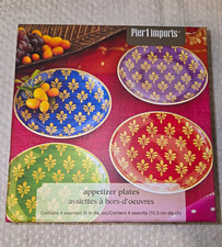 Pier 1 Imports Festive 4pc 6in Porcelain Appetizer Plates Fleur-de-lis MW DS picture