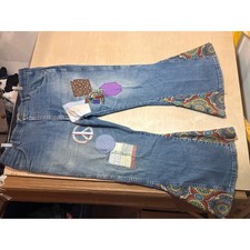 Wrangler Custom Patchwork Vintage Bell Bottom Jeans Paisley Peace Sign 40x29 picture