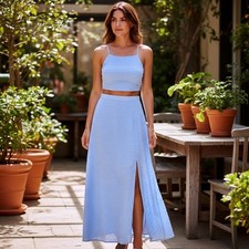 SHEIN Light Blue Swiss Dot 2 Piece Set Crop Top and Maxi Skirt Slit Size Medium picture