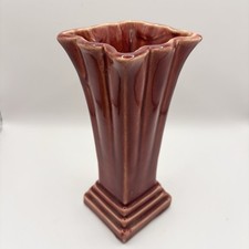 Vintage McCOY Burgundy Maroon Square CERAMIC VASE Scalloped Top Edge/Ribbed 7