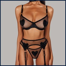 Ellolace Tempted Women's Lingerie Sets Daring Heart Rhinestone Bra Belt Thong picture