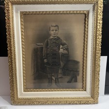 Antique Victorian Canvas Oil Painting Boy With Chair Chalk Folk Art W/frame picture