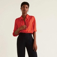 MNG Mango Women's Red Striped Print Long Sleeve Keyhole Blouse Shirt Top Size M picture
