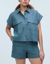 Madewell Flap-Pocket Button-Up Shirt 100% Linen mineral Green Cropped Casual XXL picture