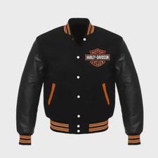 Men’s Harley Davidson Varsity Jacket Black Wool & Black Leather Sleeves picture