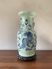Antique 19thC Chinese Celadon Blue and White Porcelain Vase Qilin Foo Dog 17