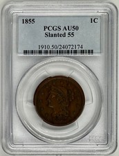 1855 Braided Hair Large Cent Slanted 55 PCGS AU 50 1C picture
