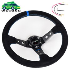 BLACK 345mm/14inch Deep Dish Suede Leather Blue Ring Sport Racing Steering Wheel picture