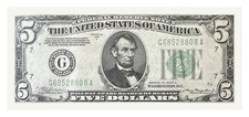 1934A $5 Federal Reserve Note Chicago Fr 1957-G Julian Morgenthau G68528808A picture