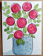 Original Watercolor Vase of Flowers ACEO ATC Art Card 2.5x3.5 Floral Ink OOAK picture