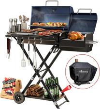 Blue Portable Charcoal Grill on Wheels with Smoking Function & Cover picture