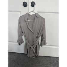 Oversized Button Up Blouse with O-Ring Belt Taupe Gray Longline Tunic Small picture
