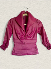 VTG 1980s Tadashi Shoji Pink Taffeta Blouse Ruched V-Neck Portrait Collar UK 4 picture