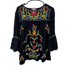 John Mark Top Womens Large Black Floral Embroidered Bell Sleeve Boho Blouse picture
