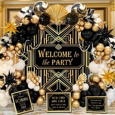 1920s Party Decorations - Roaring 20s Backdrop, Balloons Garland & Jazz Signs picture