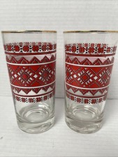 Vintage Ukrainian Folk Art Vyshyvanka Glass 2 Set Pair Slavic Red Geometric 5.5” picture