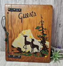 Vintage 1941 Wooden Guest Book Rustic Lodge Deer Mountain Folk Art Cord Bound picture