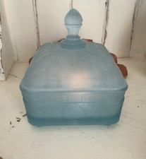 Indiana Glass Tiara Frosted Blue Satin Honey Bee Hive Footed Candy Dish with Lid picture