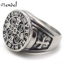 MENDEL Mens Catholic St Saint Benedict Cross Ring Stainless Steel Exorcism Medal picture