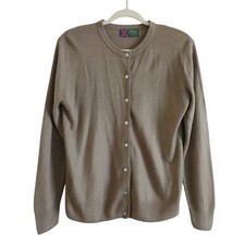 VINTAGE Tina Scotland 100% Cashmere Button Up Cardigan M Tan Quiet Luxury picture
