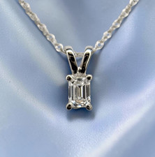 VINTAGE 14K White Gold Natural Diamond Necklace 1/10ct Emerald Cut Solitaire 18