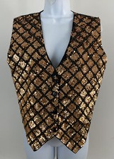 CREAZIONI EFFECI Vintage Gold/Black Sequin & Bead Button Close Vest Sz M picture