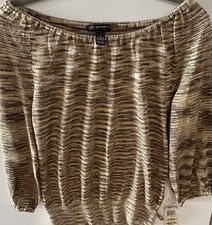 INC International Concepts Petite M Gold Metallic Striped Boat Neck Sweater NWT picture