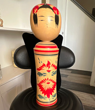 Japanese Wooden Kokeshi Doll Hand-Painted Floral Design Signed Base Handmade XL picture