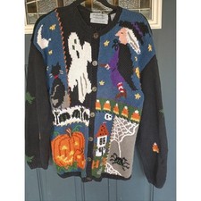 VTG Northern Isles Hand Knitted Halloween Ghost Witch Haunted House Sz M Sweater picture
