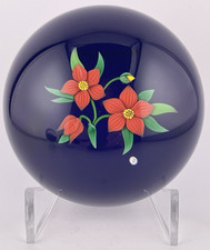 Baccarat 1991 Red Impatiens On Blue Glass Paperweight 3.3