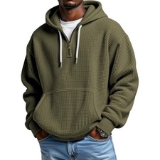 Mens Quarter Zip Hoodie Waffle Knit Pullover Long Sleeve Casual Sweatshirt picture