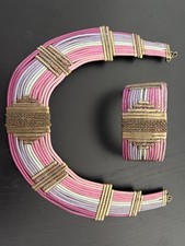 Vintage Alexis Kirk 1970's Leather Brass Collar Necklace Cuff Set Ombre Brutalis picture