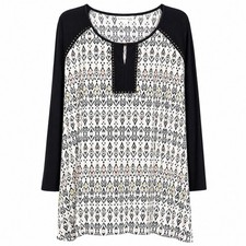 Emaline Woman Top 2X Black White Geometric Print Studded Keyhole Long Sleeve picture