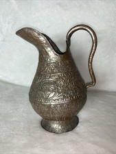 Antique Hand Etched Tinned Copper Pitcher Middle Eastern Floral Mughal Style 11” picture