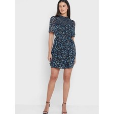French Connection Floral Smocked High Neck Mini Dress Black Blue Green XS picture