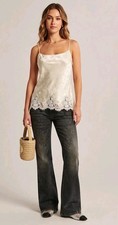 Reformation Women’s Carolina Jacquard Satin Top Cream Color Lace Trim Size S picture