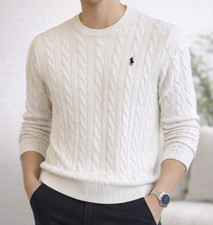 Polo Ralph Lauren Men’s Cotton Crew Neck Cable Knit Sweater Off White Size S NWT picture