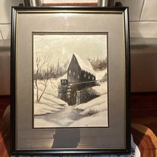 Vintage Signed Original Winter Watermill Landscape Painting 9x12 Framed picture