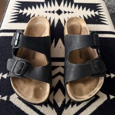 Cushionaire Leather Slide Buckle Open Toe Sandals Black Two Strap Women's Size 8 picture