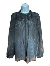 Chico's Gray Semi-Sheer Embroidered Beaded Blouse Metallic Dot Size 2/ Large picture
