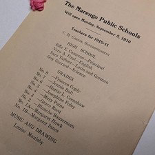 Vtg 1910 Marengo Public Schools Teacher List Card Genealogy History 1911 picture